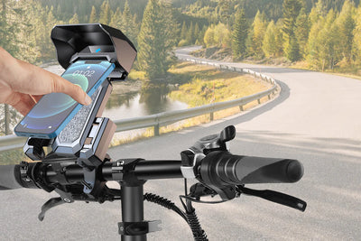 Bike Phone Mount Holder with Rain & Shade Shield, 360° Rotation Adjustable Handlebar Cell Phone Clamp
